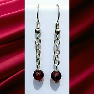 Chain Dangle Earrings with Garnet Red Color Beading Handmade Unique Lightweight